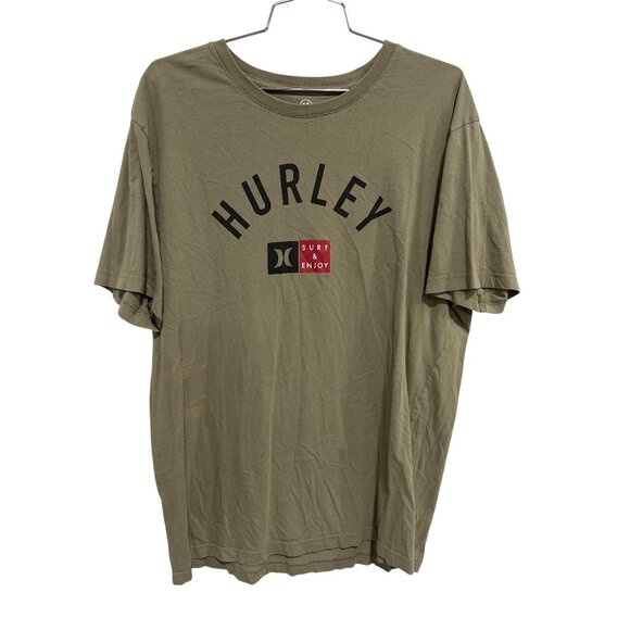 Hurley T Shirt Size Large Surf and Enjoy Graphic Tee Short Sleeve Olive Cotton - Picture 1 of 6